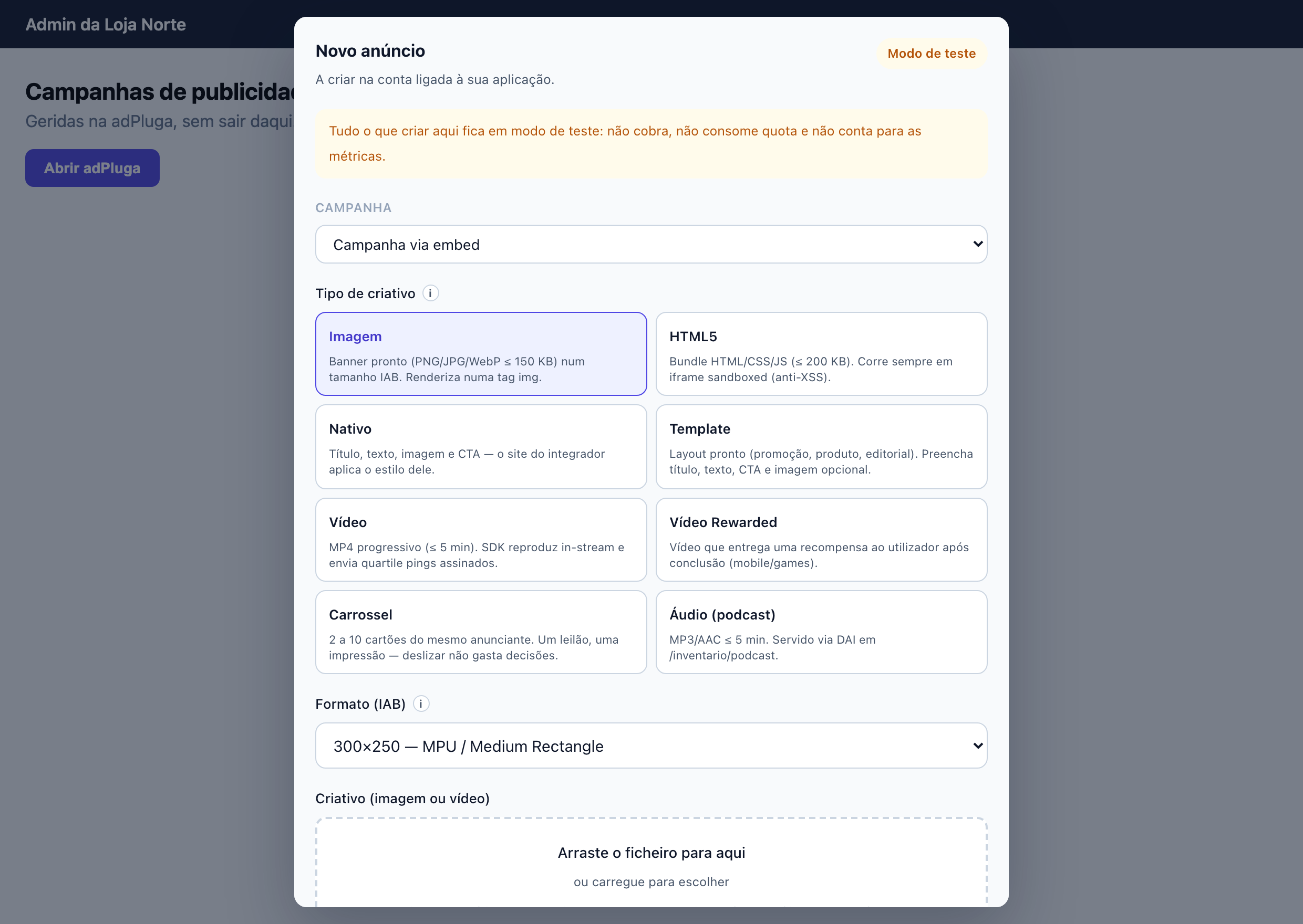 adPluga dialog showing the new ad form