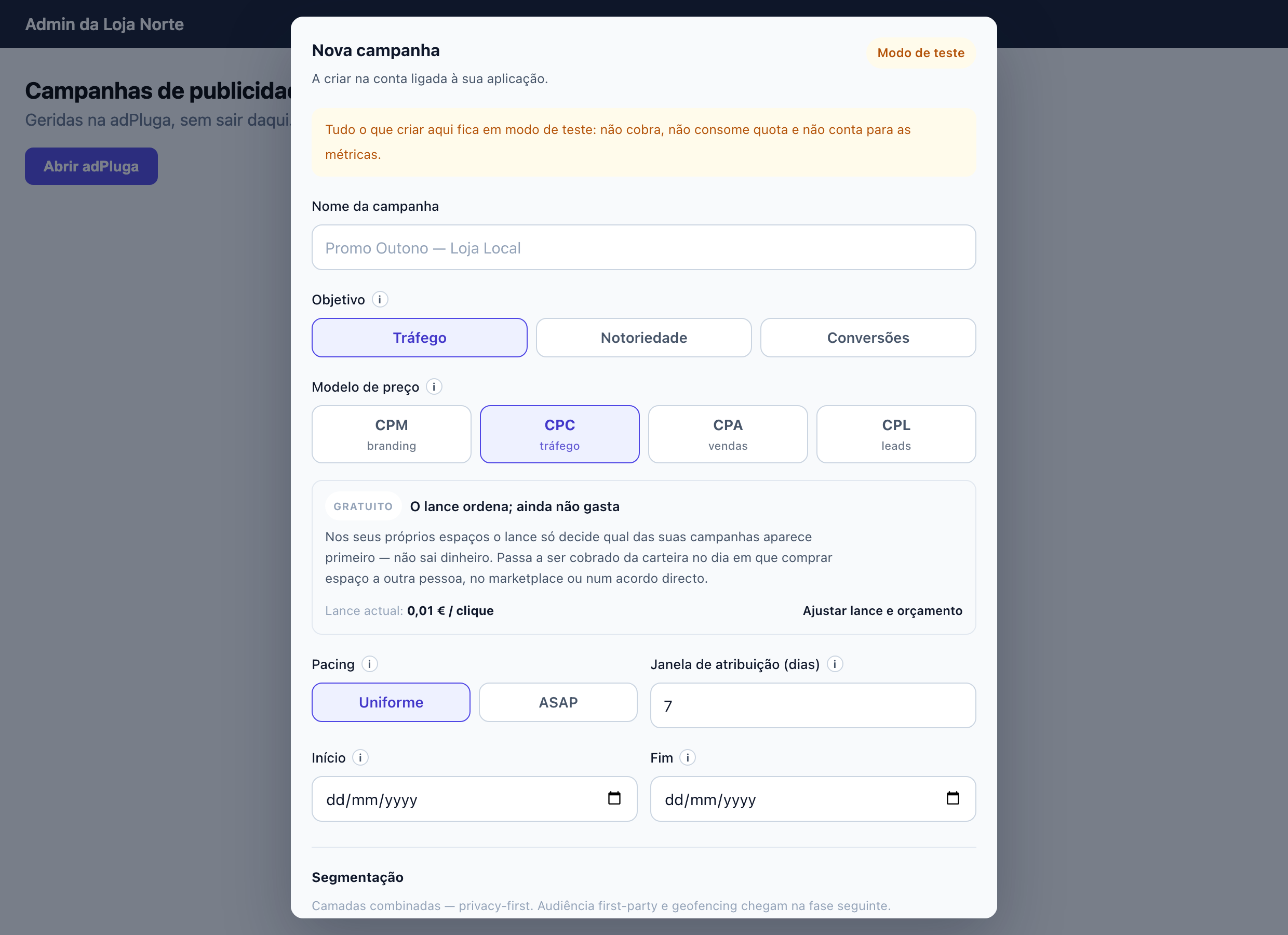adPluga dialog showing the new campaign form