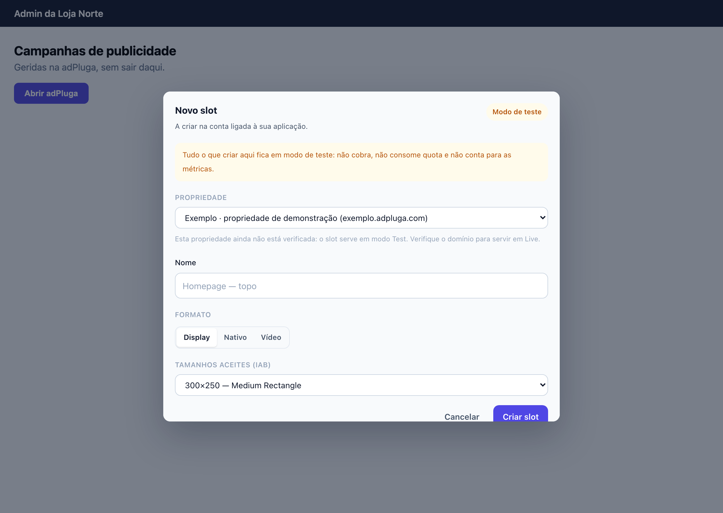 adPluga dialog showing the new slot form